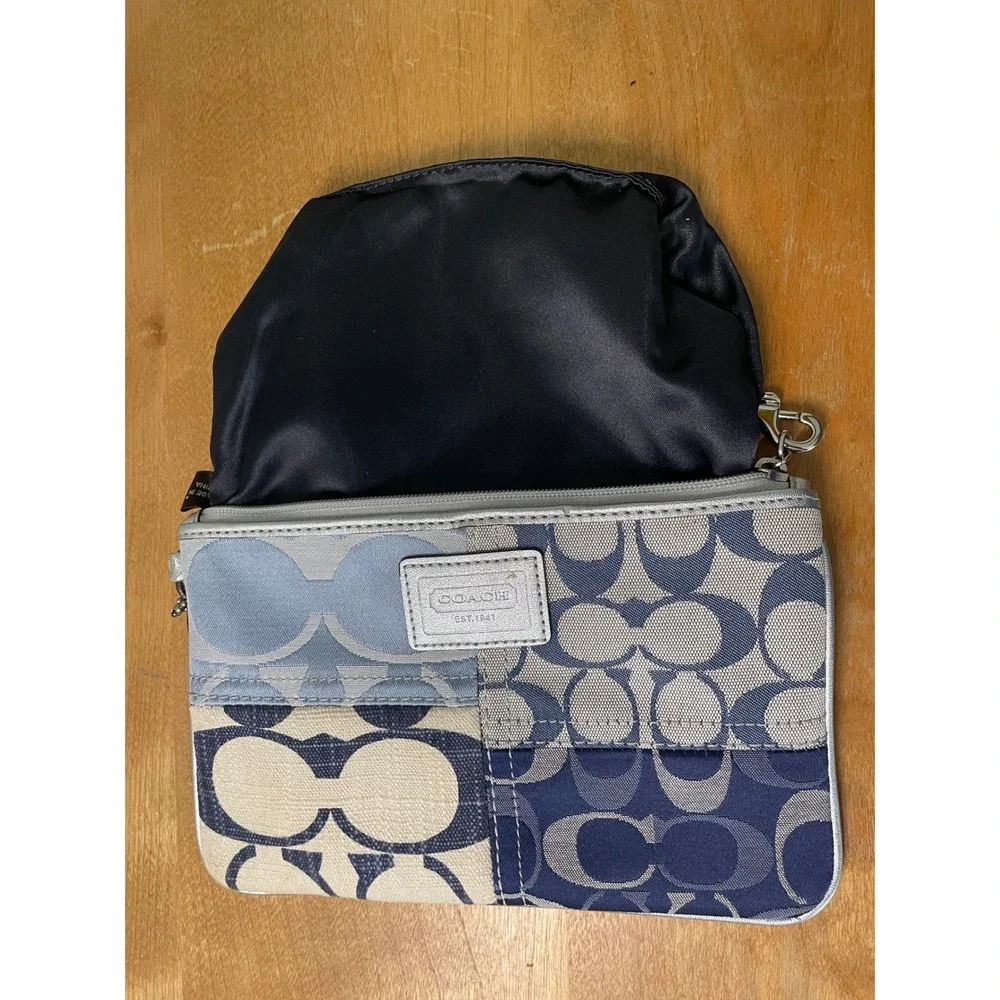 Coach Large Wristlet Blue Patchwork Signature C Denim Silver Trim F47682